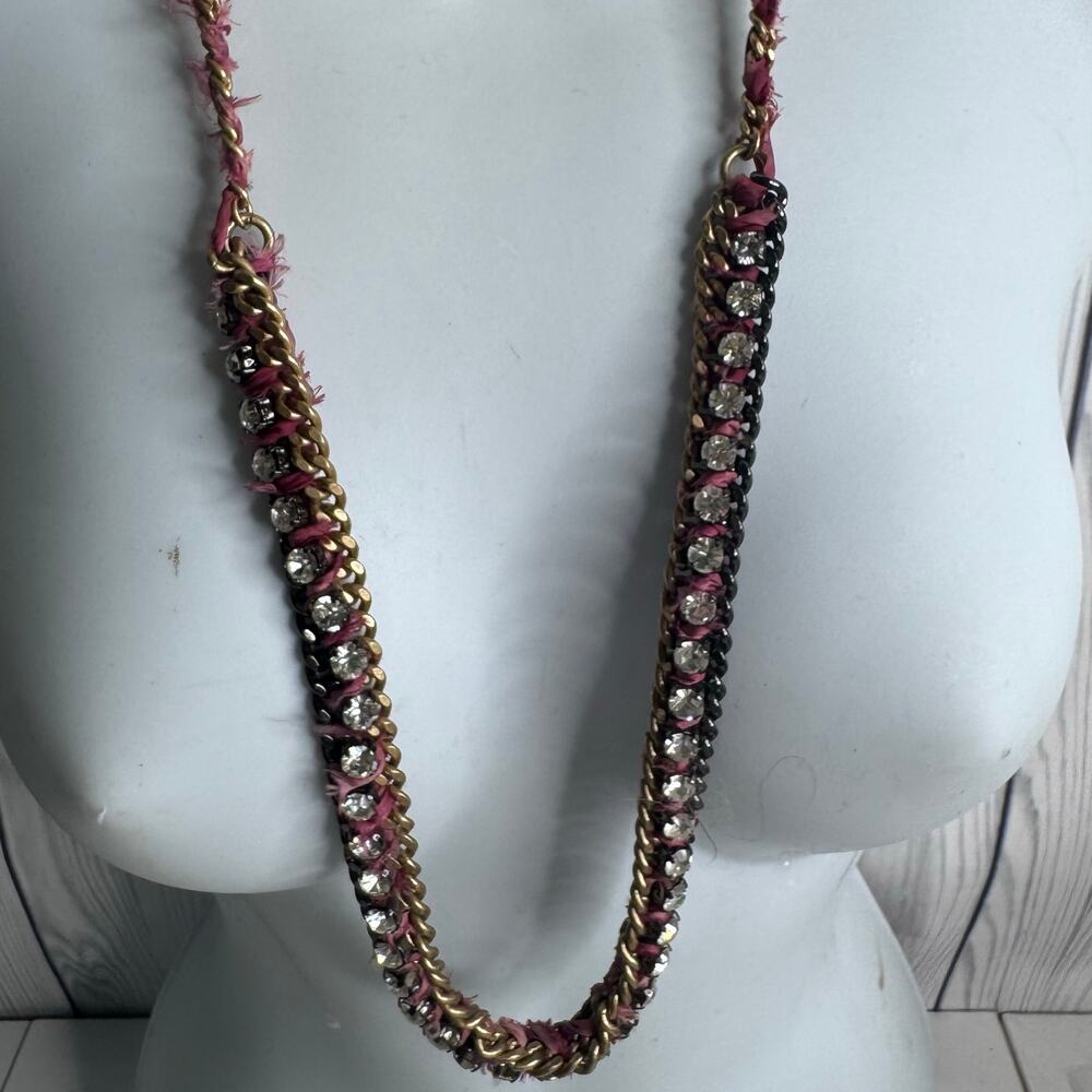 Juicy Couture Necklace War Love Crystal Stones Gold Chunky Chain w/ Pink Ribbon